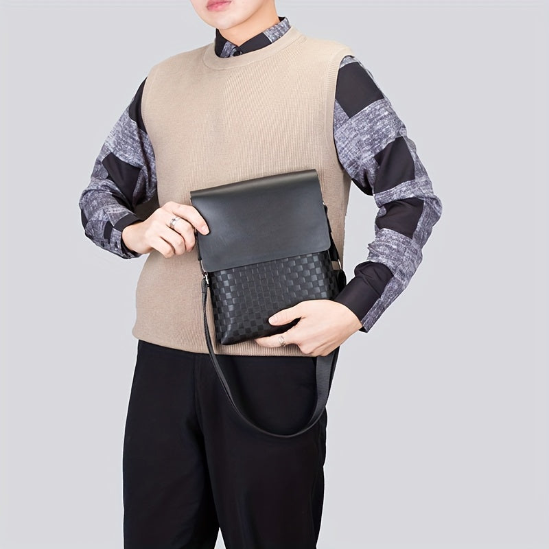 Men's Fashion Casual Business Bag - Soft PU Leather Plaid Pattern Square Bag
